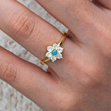 Supertrend Gümüş Mavi Taşlı Gold Çiçek Kadın Yüzük