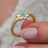 Supertrend Gümüş Mavi Taşlı Gold Çiçek Kadın Yüzük