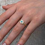 Supertrend Gümüş Mavi Taşlı Gold Çiçek Kadın Yüzük