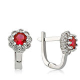 Supertrend Gümüş Kırmızı Çiçek Desenli Yuvarlak J Kadın Küpe