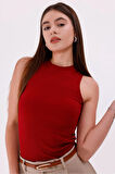 Kadın Halter Yaka Fitilli Bluz Bordo - Srt5003