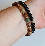 Doğal Jasper & Oniks & Altın Hematit Uniseks Bileklik Seti