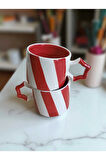 2 li El İşi Şeritli İki Renk Doğal Seramik Mug Kupa Çay / Cappuccino Fincanı