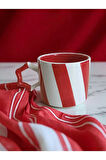 2 li El İşi Şeritli İki Renk Doğal Seramik Mug Kupa Çay / Cappuccino Fincanı