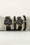 Sayılar Siyah Zemin Çift Kol Saati Set Bileklik Hediye Bay