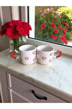 2 li El İşi Kırmızı Çiçekler İşlemeli Doğal Seramik Mug Kupa Çay / Cappuccino Fincanı