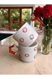 2 li El İşi Kırmızı Çiçekler İşlemeli Doğal Seramik Mug Kupa Çay / Cappuccino Fincanı