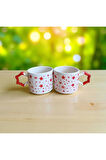 2 li Kırmızı Yıldızlar Desenli Yıldız Kulplu El Yapımı Doğal Seramik Mug Kupa Çay Cappuccino Fincanı