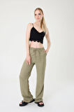 Kadın Haki Keten Karışımlı Bol Kesim Pantolon