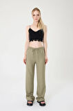 Kadın Haki Keten Karışımlı Bol Kesim Pantolon