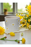 4'lü Papatya Kabartma Desenli El Işi Doğal Seramik Mug Kupa Çay / Cappuccino Fincanı