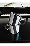 2 li El İşi Şeritli İki Renk Doğal Seramik Mug Kupa Çay / Cappuccino Fincanı