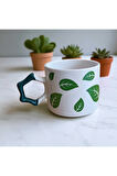 Yeşil Yapraklar Desenli Yıldız Kulplu El Yapımı Doğal Seramik Mug Kupa Çay Cappuccino Fincanı