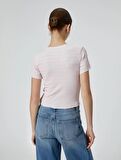 Dokulu Crop Tişört Kısa Kollu Bisiklet Yaka Slim Fit 4SAL10128IK
