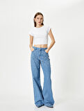 Taşlı Kot Pantolon Geniş Paça Cepli Standart Bel  - 4SAL40181MD