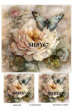 Shabby Serisi SHBY67 Shabby Chic, Kelebek, Güller Pirinç Dekopaj 30x42