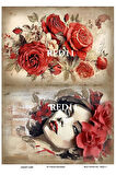 Red Serisi RED11 Kırmızı, Çiçek, Kadın Desenli Pirinç Dekopaj 30x42