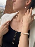 Birinci1926 925 Ayar Gümüş Kadın Yarısı İnci Yarsı Zincir Asansörlü 3'lü Set Kolye Küpe Bileklik