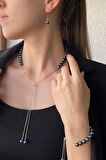 Birinci1926 925 Ayar Gümüş Kadın Yarısı İnci Yarısı Zincir Asansör Siyah İnci 3'lü Set Küpe Kolye Bileklik
