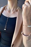 Birinci1926 925 Ayar Gümüş Rose Gold Renkli Asansör Zincirli İnci Kolye