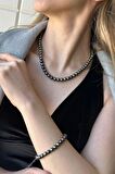 Birinci1926 925 Gümüş Kadın Siyah Kültür İncisi 8 mm İkili Set Kolye ve Bileklik