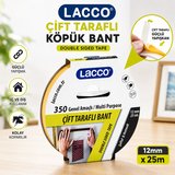 Lacco Çift Taraflı Köpük Bant 12 mm x 25 m Güçlü Yapışkanlı Montaj Bandı Çok Amaçlı Beyaz 1 Adet