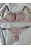Kadın Pembe Dantelli Taşlı Balenli Destekli Dolgulu Push Up Sütyen Takımı Iç Çamaşırı Takımı