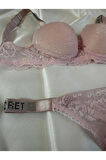 Kadın Pembe Dantelli Taşlı Balenli Destekli Dolgulu Push Up Sütyen Takımı Iç Çamaşırı Takımı