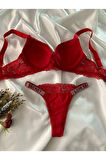 Kadın Kırmızı Dantelli Taşlı Balenli Destekli Dolgulu Push Up Sütyen Takımı Iç Çamaşırı Takımı