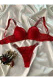Kadın Kırmızı Dantelli Taşlı Balenli Destekli Dolgulu Push Up Sütyen Takımı Iç Çamaşırı Takımı