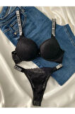 Kadın Siyah Dantelli Taşlı Balenli Destekli Dolgulu Push Up Sütyen Takımı Iç Çamaşırı Takımı