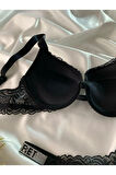Kadın Siyah Dantelli Taşlı Balenli Destekli Dolgulu Push Up Sütyen Takımı Iç Çamaşırı Takımı