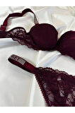 Kadın Bordo Dantelli Taşlı Balenli Destekli Dolgulu Push Up Sütyen Takımı Iç Çamaşırı Takımı