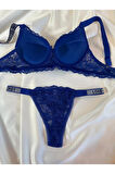Kadın Mavi Dantelli Taşlı Balenli Destekli Dolgulu Push Up Sütyen Takımı Iç Çamaşırı Takımı