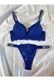 Kadın Mavi Dantelli Taşlı Balenli Destekli Dolgulu Push Up Sütyen Takımı Iç Çamaşırı Takımı