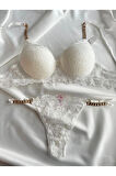 Kadın Beyaz Dantelli Zincir Detaylı Balenli Destekli Dolgulu Sütyen Takımı Iç Çamaşırı Takımı