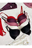 Kadın Siyah Kırmızı Beyaz Taşlı Çizgili V Model Destekli Balenli Sütyen Takım Beşli Kutulu Paket