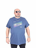 Starbattal Erkek Büyük Beden Sıfır Yaka Tişört Awesome 25164 INDIGO