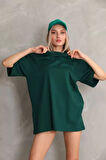 stilaura Unisex Bisiklet Yaka 20/1 Düz Oversize T-Shirt - Yeşil