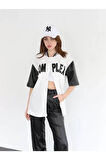 stilaura Complex Kolları Deri Kolej Oversize T-shirt - Beyaz
