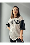 stilaura Complex Kolları Deri Kolej Oversize T-shirt - Beyaz