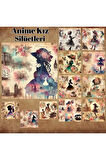 Anime Kız Silüetleri Vintage 12 Adet Scrapbook Bullet Journal Mat Planlayıcı Sticker Etiket Seti
