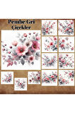 Pembe Gri Çiçekler Vintage 12 Adet Scrapbook Bullet Journal Mat Planlayıcı Sticker Etiket Seti