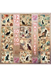 Kedi Silüetleri Vintage 12 Adet Scrapbook Bullet Journal Mat Planlayıcı Sticker Etiket Seti