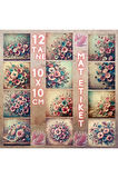 Pembe Mavi Çiçekler Vintage 12 Adet Scrapbook Bullet Journal Mat Planlayıcı Sticker Etiket Seti