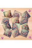 Pembe Mavi Çiçekler Vintage 12 Adet Scrapbook Bullet Journal Mat Planlayıcı Sticker Etiket Seti