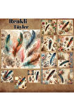 Renkli Tüyler Temalı Vintage 12 Adet Scrapbook Bullet Journal Mat Planlayıcı Sticker Etiket Seti