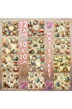 Çay Saati Temalı Vintage 12 Adet Scrapbook Bullet Journal Mat Planlayıcı Sticker Etiket Seti