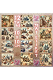 Eski Şatolar Vintage 12 Adet Scrapbook Bullet Journal Mat Planlayıcı Sticker Etiket Seti