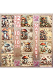 Mantar Ormanı Vintage 12 Adet Scrapbook Bullet Journal Mat Planlayıcı Sticker Etiket Seti